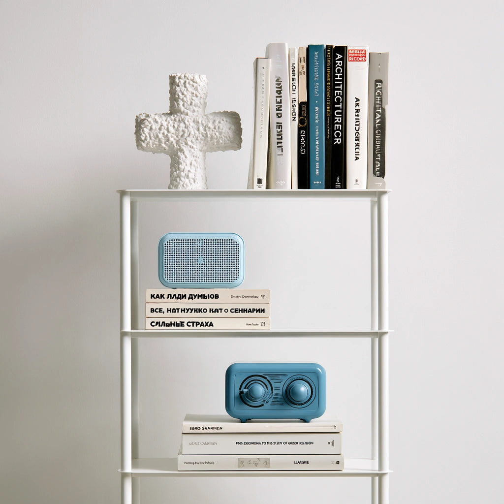 Libreria a più ripiani dalle linee essenziali a tre livelli, colore bianco